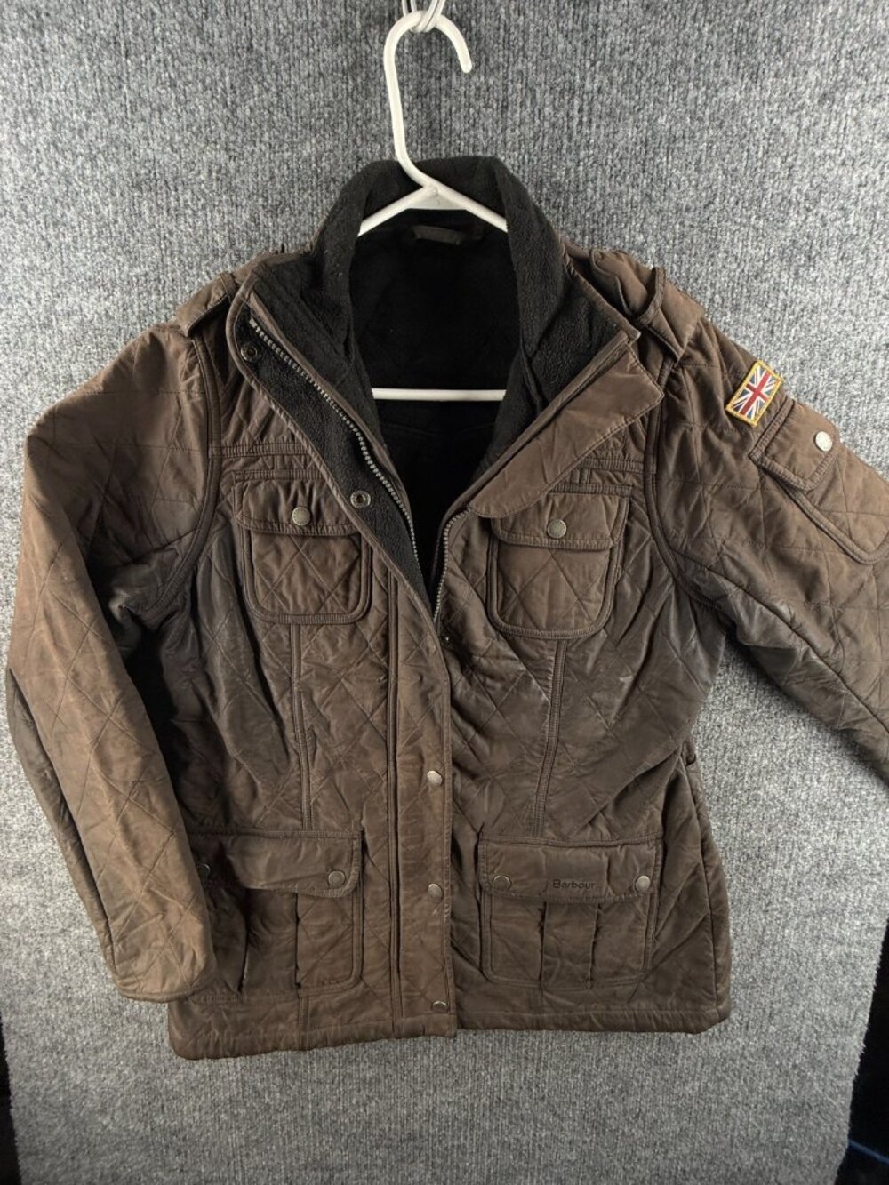 Barbour Utility Force Quilt Waxed Jacket Women Full Zip Fleece Lined Size 10 US